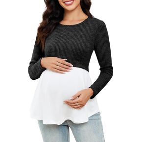 Women’s Maternity Shirts Long Sleeve Nursing Tops Scoop Neck Patchwork Breastfeeding Shirts Pregnancy Clothes