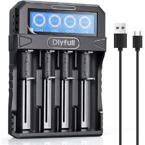 Dlyfull 18650 Battery Charger 4 Bay, LCD Display Lithium Battery Charger with USB-C Speed Charging, Independent Slot for 3.7V Li-ion 21700 26650 10340 16340 17335 17500 22650 Rechargeable Batteries