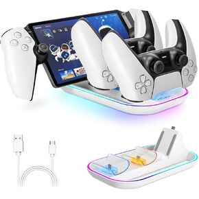 Charging Stand for Playstation Portal, Portable Charging Dock for PS Portal Remote Player & PS5 Controller with 14 RGB Light & Type-C Cable,3-in-1 Charge Base Holder for Playstation Portal Accessories
