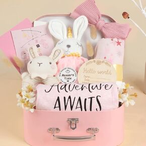 Baby Shower Gifts Basket Baby Gift Set for Newborns New Born Baby Girls Gift Set Pink Baby Gift Basket with Baby Rattle Swaddle Blanket Decision Coin Security Blanket Gender Reveal Gifts for Baby Girl