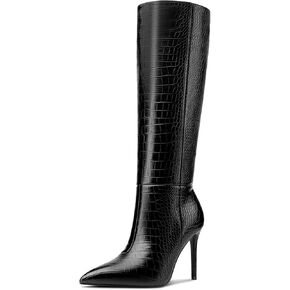 HDEUOLM Womens Stiletto High Heel Pointed Toe Knee High Boots Slip-on Party Basic Classic Crocodile Boots