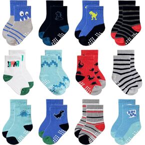 Eocom Baby Boys Grips Socks Kids Toddlers Infants Non Skid Anti Slip Crew Cotton Gifts Socks 12 Pairs