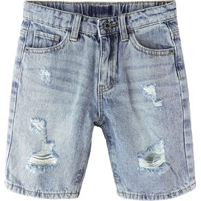 KIDSCOOL SPACE Baby Little Big Boys شورت دينم، حزام خصر مرن داخل فتحات ممزقة ملابس جينز صيفية
