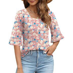 3/4 Length Sleeve Womens Tops Square Neck Eyelet T-Shirts Ruffle Bell Sleeve Tunic Blouses Dressy Casual