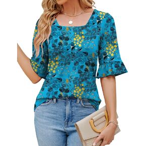 3/4 كم طول المرأة بلايز ساحة الرقبة العيينة تي شيرت كشكش الجرس كم تونك البلوزات متأنق عادية in Kuwait