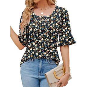 3/4 Length Sleeve Womens Tops Square Neck Eyelet T-Shirts Ruffle Bell Sleeve Tunic Blouses Dressy Casual