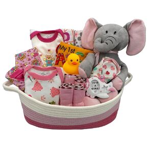 Nikki’s Gift Baskets – Bundle of Joy Deluxe Baby Girl Gift Set with 20-Piece Newborn Essentials, Medium Baby Gift Basket Kit for Expecting Moms, Pink