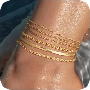 NECOCY Gold Ankle Bracelets for Women, 14K Gold Plated Waterproof Anklets Dainty Layered Cuban Link Chain Herringbone Satellite Anklets Set Pack Summer Beach Foot Jewelry Gift for Women Teen Girl
