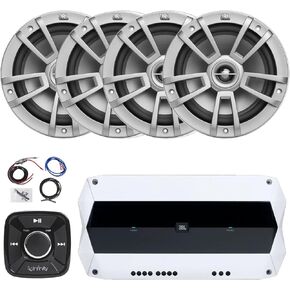 Flush Mount Pre-Amp Waterproof Bluetooth Controller, 4x 8" 375 Watts High-Performance Marine Audio Gray Speakers, 1000W Peak Power Weather-Resistant High-Performance 4-Channel Marine Amplifier W/Kit