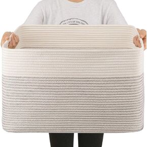 OIAHOMY 95L Blanket Basket, 24"x17"x14", Large Woven Baskets for Storage, Nursery Cotton Rope Basket with Handle, Living Room, Nursery, Bedroom,Toy Baskets Organizer Bins, Brown and White