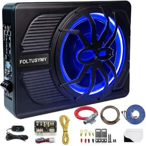 10" 800W Powered Car Subwoofer, 2024 Slim Under Seat Car Subwoofer Powered, High/Low Level Input, Car/Truck Audio Sub Built in Amplifier with Blue LED Ambient Light