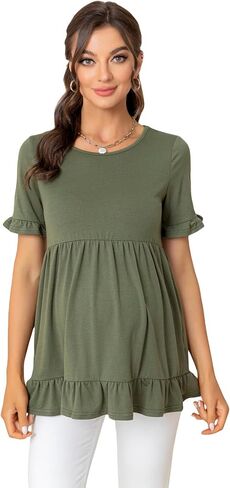 MakeMeChic Women's Maternity Summer Shirts Casual Ruffle Trim Short Sleeve Pregnancy Peplum Tops in Saudi Arabia