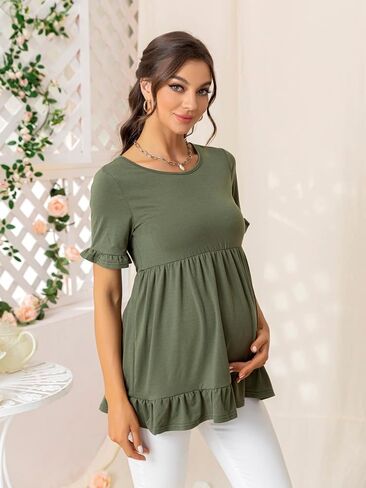 MakeMeChic Women's Maternity Summer Shirts Casual Ruffle Trim Short Sleeve Pregnancy Peplum Tops in Saudi Arabia