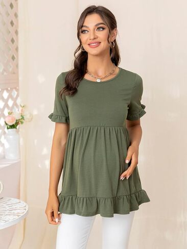 MakeMeChic Women's Maternity Summer Shirts Casual Ruffle Trim Short Sleeve Pregnancy Peplum Tops in Saudi Arabia