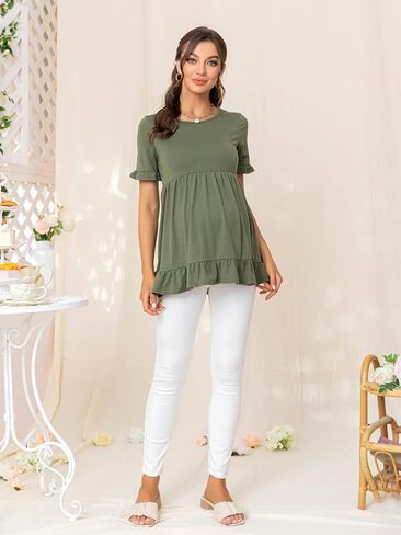 MakeMeChic Women's Maternity Summer Shirts Casual Ruffle Trim Short Sleeve Pregnancy Peplum Tops in Saudi Arabia