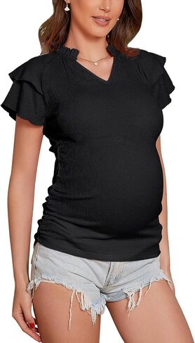 V Neck Maternity Shirt Ruffle Sleeves Slim Fitted Pregnant Top Maternity Blouse Summer in Saudi Arabia