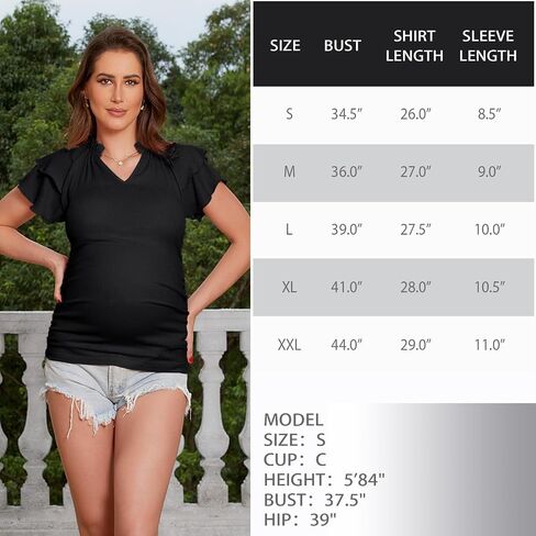 V Neck Maternity Shirt Ruffle Sleeves Slim Fitted Pregnant Top Maternity Blouse Summer in Saudi Arabia