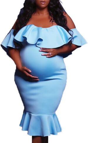Off The Shoulder Maternity Dress Summer, Elegant Baby Shower Dress Bodycon Mermaid Midi with Ruffle Short Sleeves for Women in Saudi Arabia