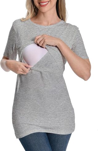 تي شيرت نسائي للرضاعة الطبيعية، ملابس الأمومة بعد الولادة، بأكمام قصيرة in Saudi Arabia