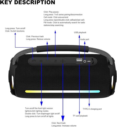 مكبر صوت بلوتوث محمول، مكبر صوت لاسلكي خارجي مقاوم للماء مع أضواء وامضة ملونة، وقت تشغيل 20 وات سوبر باس 20 ساعة، اقتران TWS مناسب للخارج، المنزل، الحفلات، الشاطئ، السفر in Kuwait