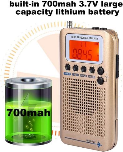 ماسحات ضوئية لاستقبال راديو متعدد النطاقات، محمولة باليد، نطاقات التردد: AIR FM AM CB SW VHF مدمجة في بطارية قابلة لإعادة الشحن، راديو محمول للسفر ذهبي in Saudi Arabia