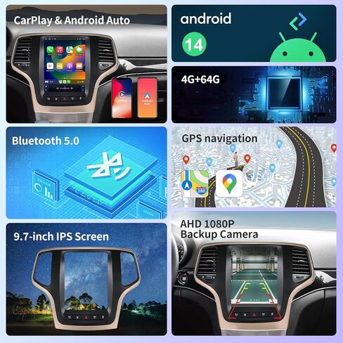 Car Radio for Jeep Grand Cherokee 2014-2020 Radio Replacement Upgraded 8Core 4+64G 9.7-Inch Touch Screen with Carplay Android Auto WiFi SWC Bluetooth AHD Backup Camera in Kuwait