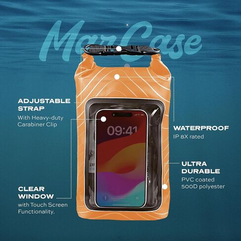 Statik MarCase Waterproof Dry Bag 2L - IPX8 Roll Top Small Waterproof Bag, Touchscreen Phone Window & Light Reflective Pattern, Boating & Kayak Accessories for Fishing, Camping, Swimming (Orange) in Saudi Arabia