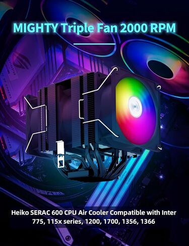 Heiko Searc 600 CPU Fan Air Cooler Black Heat Sink, 6 Heat Pipes CPU Cooler, Twin Towers, Three Fans Streamer Effect for Intel LGA 115X/1200/1700/1366/2011/2066 AMD built-in bracket in Saudi Arabia