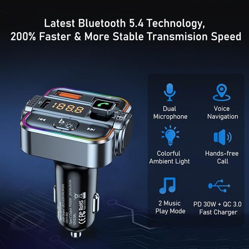 محول سيارة بلوتوث FM مرسل، 48 وات (PD 30W & QC 18W) شحن سريع ولاعة سجائر بلوتوث 5.4 مستقبل راديو لاسلكي مشغل موسيقى بدون استخدام اليدين Siri Google Assistant Dual Mic LED Display in Kuwait