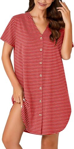 Vrtige Women's Striped Nightshirt Notch V Neck Short Sleeve Button Down Nightdress Nightgown in Kuwait