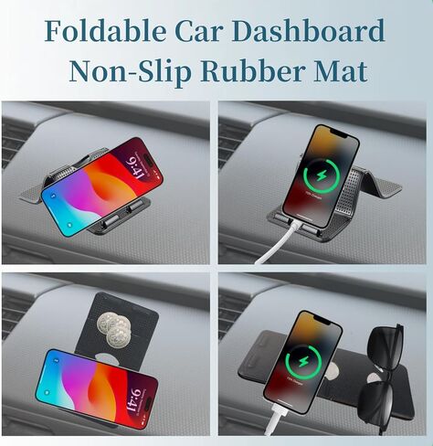 حصيرة مطاطية مضادة للانزلاق للوحة قيادة السيارة قابلة للطي، مقاس 7.87 بوصة × 3.94 بوصة، حصيرة مطاطية عالمية مضادة للانزلاق للوحة القيادة السحرية للهواتف المحمولة والنظارات الشمسية والمفاتيح وأجهزة التحكم عن بعد والعملات المعدنية والمزيد (أسود/شبكي) in Kuwait