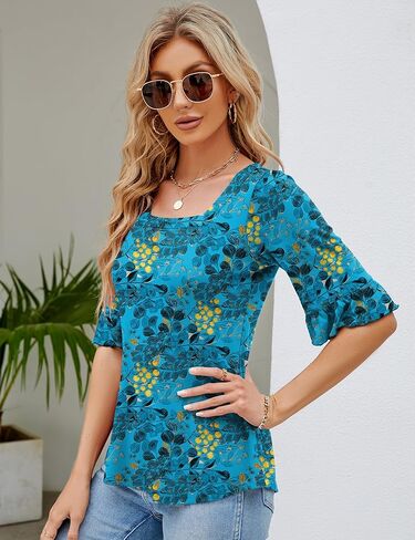 3/4 كم طول المرأة بلايز ساحة الرقبة العيينة تي شيرت كشكش الجرس كم تونك البلوزات متأنق عادية in Kuwait