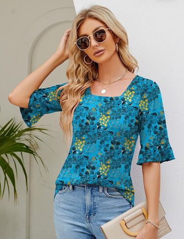 3/4 كم طول المرأة بلايز ساحة الرقبة العيينة تي شيرت كشكش الجرس كم تونك البلوزات متأنق عادية in Kuwait