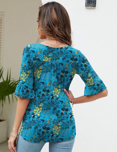 3/4 كم طول المرأة بلايز ساحة الرقبة العيينة تي شيرت كشكش الجرس كم تونك البلوزات متأنق عادية in Kuwait