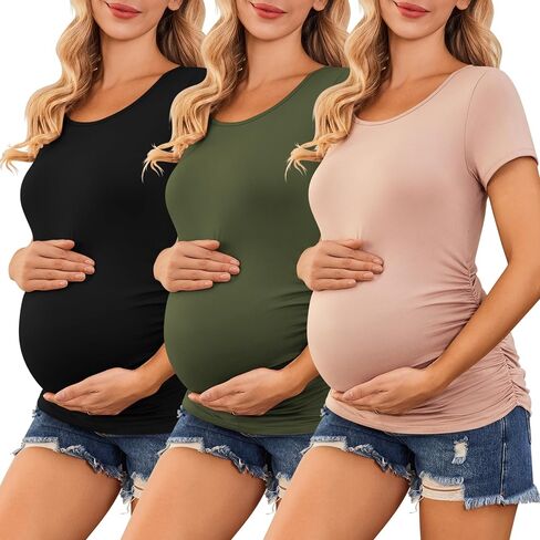 Ekouaer قميص الأمومة النسائي 3 حزم الجانب Ruched الحمل تجريب قمم قصيرة الأكمام الأم الجديدة الملابس أسود / الجيش الأخضر / الوردي القذرة M in Saudi Arabia