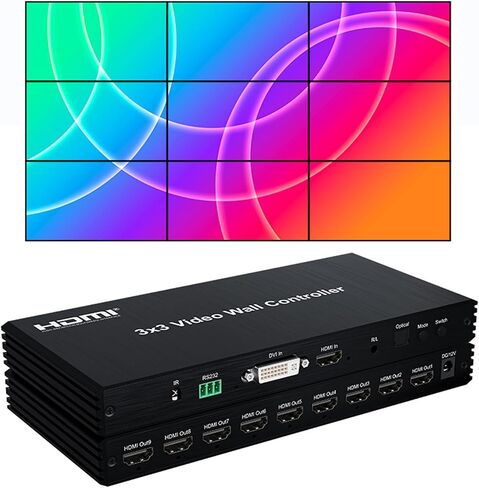 وحدة تحكم حائط الفيديو 3 × 3 HDMI معالج ربط حائط الفيديو 1080P 9 قنوات تلفزيون جدار معالج 3x1 3x2 2x1 2x2 2x3 2x4 معالج فيديو متعدد مع إخراج الصوت IR RS232 أزرار ادفع لـ 9 شاشات in Kuwait