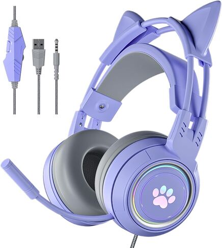 Cat Ear Headphones Pink Gaming Headset with Mic for Switch Xbox One PS4 PS5, Cute Children Girl Kids Wired Headphones Light up Kawaii Kitty Noise Cancelling Headphones for Gamer PC Laptop in Saudi Arabia