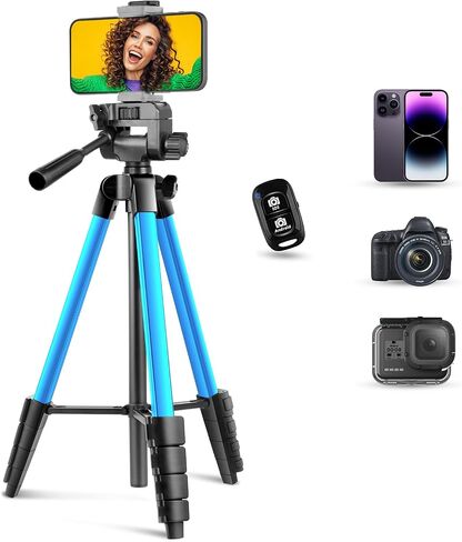 Torjim 64"Phone Tripod, Extendable Cell Phone Tripod with Remote and Holder, Universal Camera Stand for Video/Selfies/Live Streaming, Travel Compatible iOS & Android（Blue in Saudi Arabia