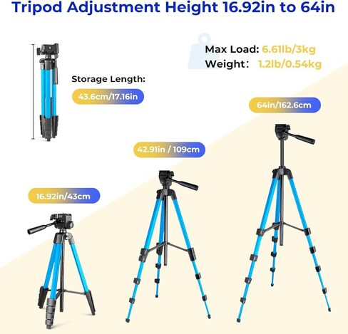 Torjim 64"Phone Tripod, Extendable Cell Phone Tripod with Remote and Holder, Universal Camera Stand for Video/Selfies/Live Streaming, Travel Compatible iOS & Android（Blue in Saudi Arabia