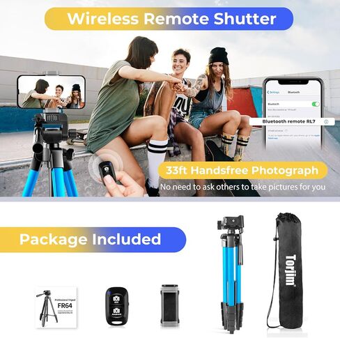 Torjim 64"Phone Tripod, Extendable Cell Phone Tripod with Remote and Holder, Universal Camera Stand for Video/Selfies/Live Streaming, Travel Compatible iOS & Android（Blue in Saudi Arabia