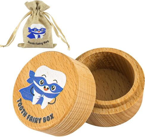 Tooth Fairy Box with Drawstring Storage Wood Bag, Cute Wooden Tooth Keepsake Box for First Lost Teeth Cartoon Tooth Holder to Put Under Pillow Birthday Gift for Girls Boys (Mask) in Saudi Arabia