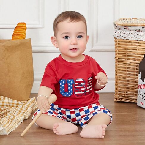 Madjtlqy Baby Boy 4th of July Outfit USA Letter Print Short Sleeve T-Shirt Stripe Star Shorts Set Patriotic Summer Clothes in Saudi Arabia