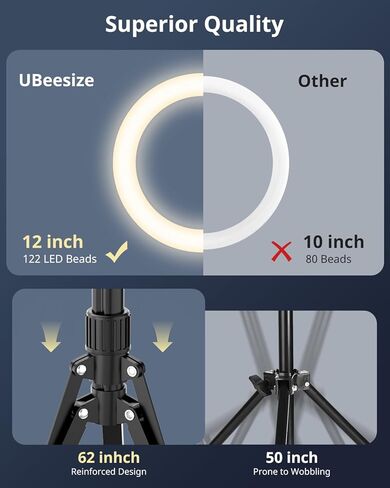 UBeesize 12 بوصة ضوء حلقة سيلفي مع حامل وحامل هاتف علوي، حامل ثلاثي قابل للطي 62 بوصة لهاتف iPhone مع Ringlight، ضوء هاتف لتسجيل الفيديو، الطبخ، التصوير الفوتوغرافي، البث المباشر، Tiktok، YouTube in Kuwait