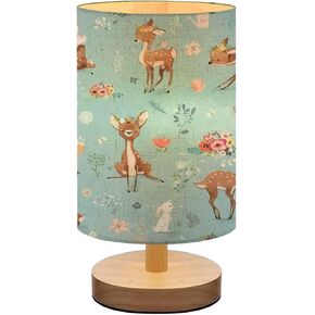 Bedside Lamp for Bedroom, Seamless Pattern Little Deer Hare Small Lamp, Linen Lampshade Table Lamp, Dimmable Nightstand Lamp with Woodbase for Living Room Office