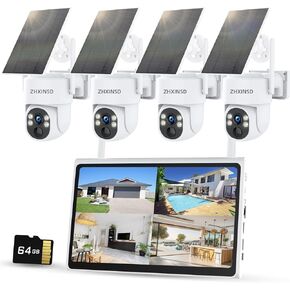 Solar Camera Security System Wireless Outdoor with 10CH 10" LCD Monitor,2.5K 4MP 4PCS PTZ Camera for Home Security,Suppot 5G&2.4G WIFI,Solar Powered Panel,Color Night Vision,2-Way Audio