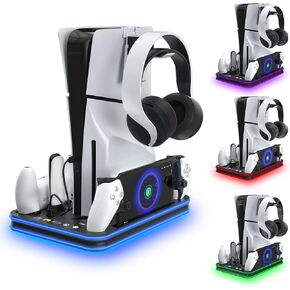 Playstation Portal Charger, PS5 Stand and Cooling Station with RGB LED Controller Charging Dock Accessories, PS5 Edge Controller and PS Portal Charger, Headset and Remote Holders