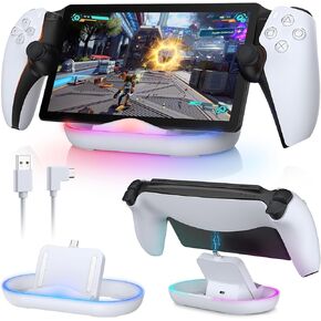 قاعدة شحن RGB لمشغل Playstation Portal Remote Player، محطة شحن محمولة لملحقات وحدات تحكم Portal PS5 مع 14 وضع إضاءة وكابل من النوع C، أبيض in Kuwait