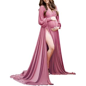 Dedysler Maternity Gowns Long Sleeves Baby Shower Dress for Photoshoot Wrap Split Sweetheart Maxi Photography in Saudi Arabia