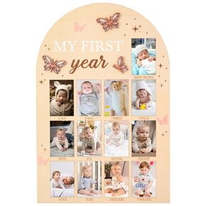 R HORSE My First Year Photo Frame Board, 3D Butterfly Baby First Year Picture Frame 12 Months Milestone Display Wood Board Baby Keepsake 1st Birthday Nursery Decor Gift for Boy Girl