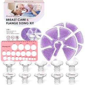 Flange Sizing Kit with Flange Inserts 13/15/17/19/21mm 10PCS, Nipple Ruler Tool, 2 Hot and Cold Breast Therapy Packs, Flange Insert for 24mm Pump, Breastfeeding Essential Kit for New Moms